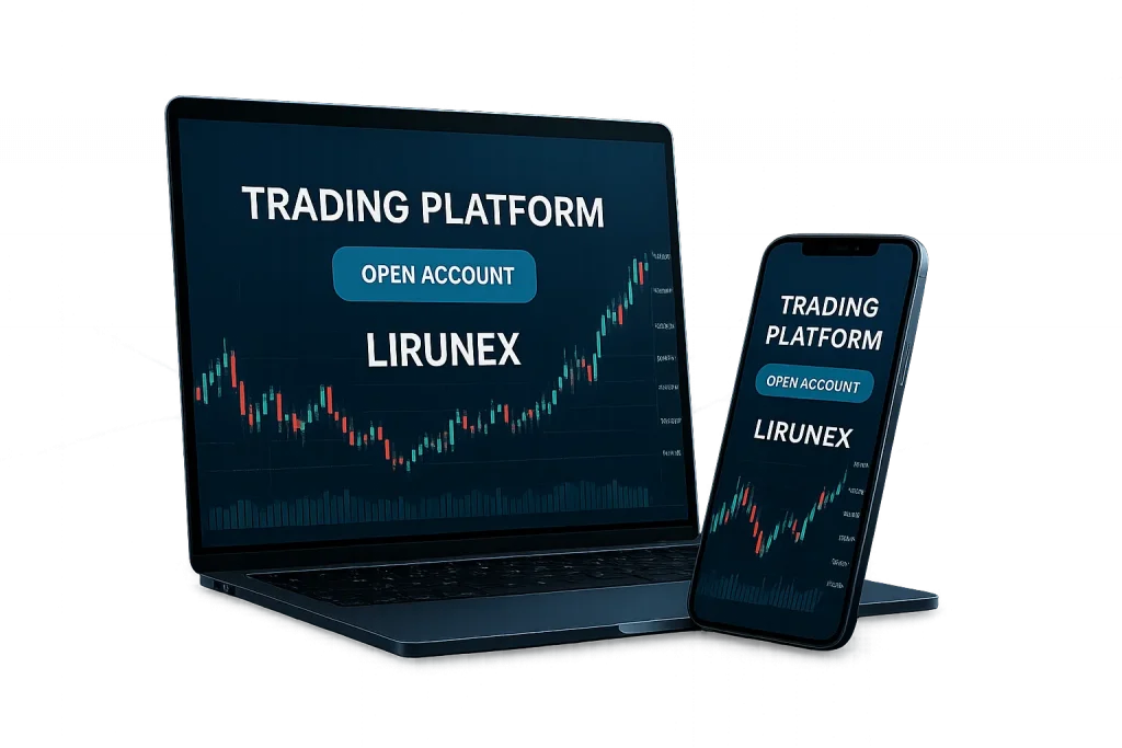 Trading platform screens on laptop and smartphone showing Lirunex charts and Open Account button